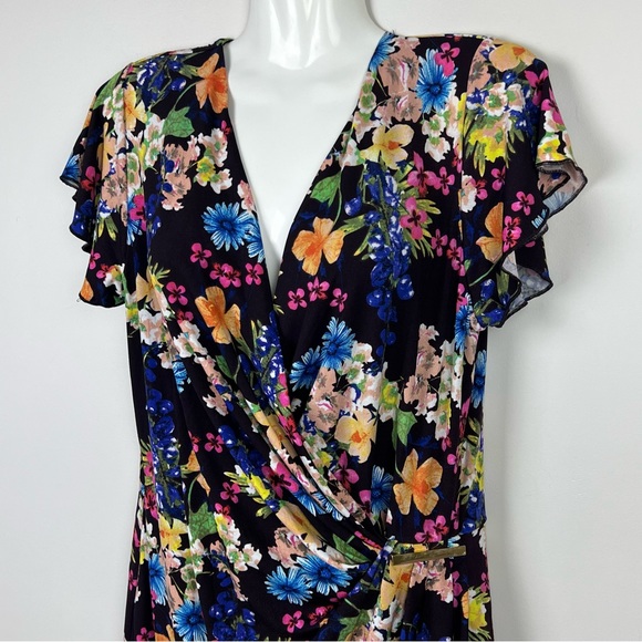 Leona Edmiston Dress Multicoloured Floral Draped Buckle Knee Length Size M 12 - Picture 7 of 11